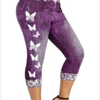 Fashion Purple Women Butterfly Print Skinny Capris Leggings Sports Clothing XXL